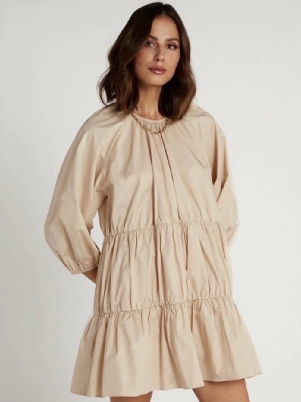 DISSH Beige Tiered Mini Dress with Balloon Sleeves